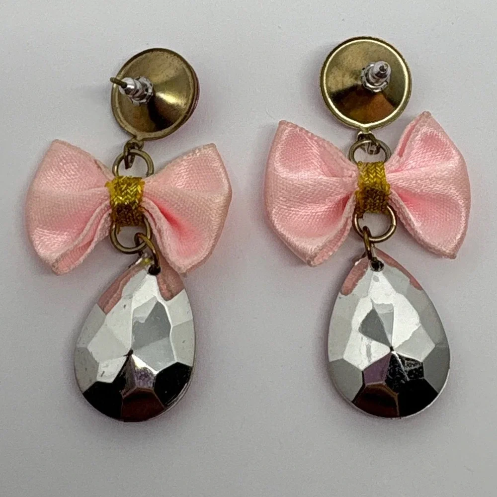 1980s Retro Pink Bow Drop Earrings with Faceted‎ Teardrop Gem Statement Jewelry